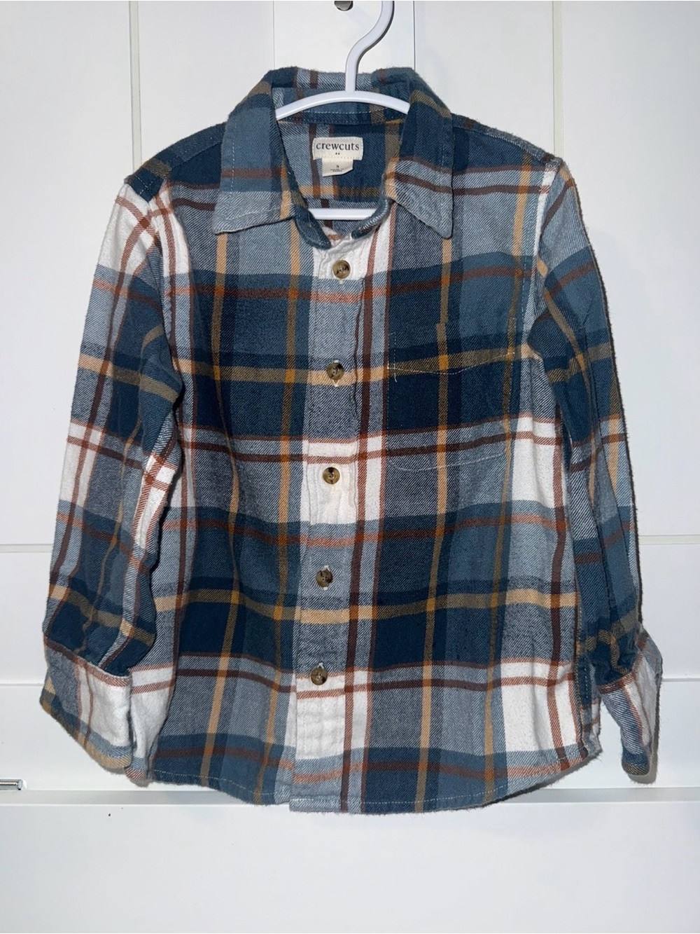 Crewcuts Blue and White Plaid Button-Down Shirt with Tan Stripes